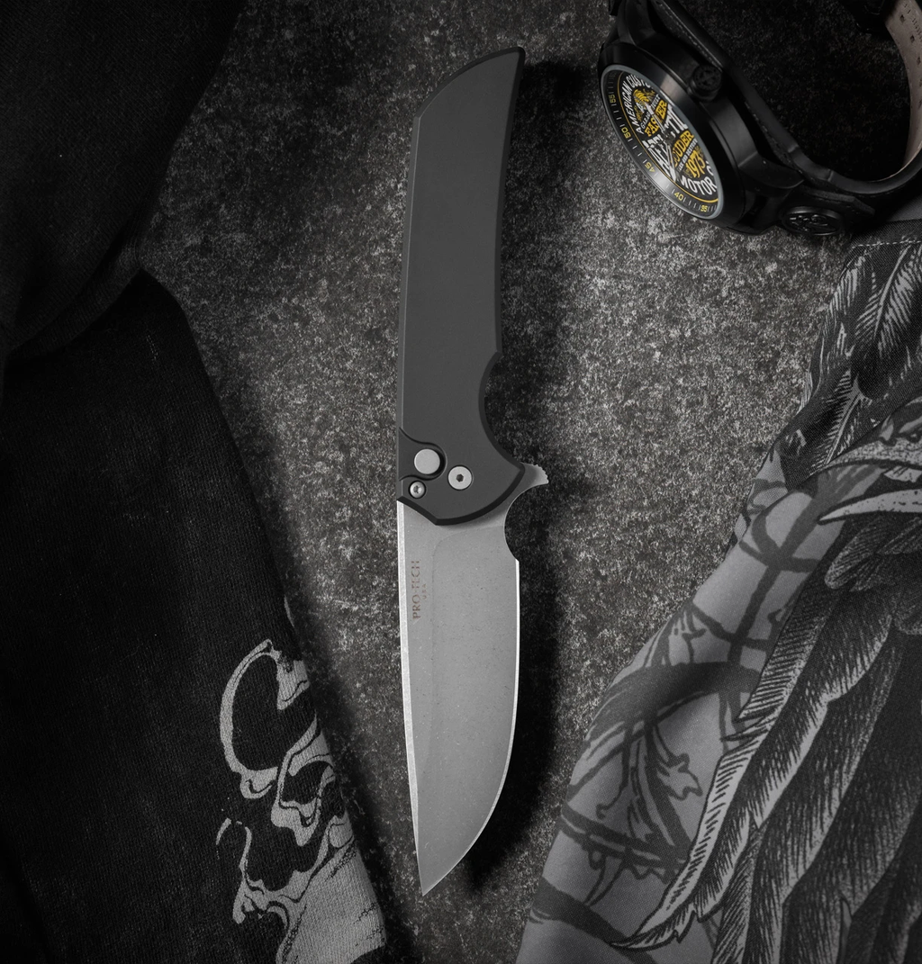 Pro-Tech Mordax Button Lock Flipper Knife Black Aluminum (3.5" Acid Wash 20CV)