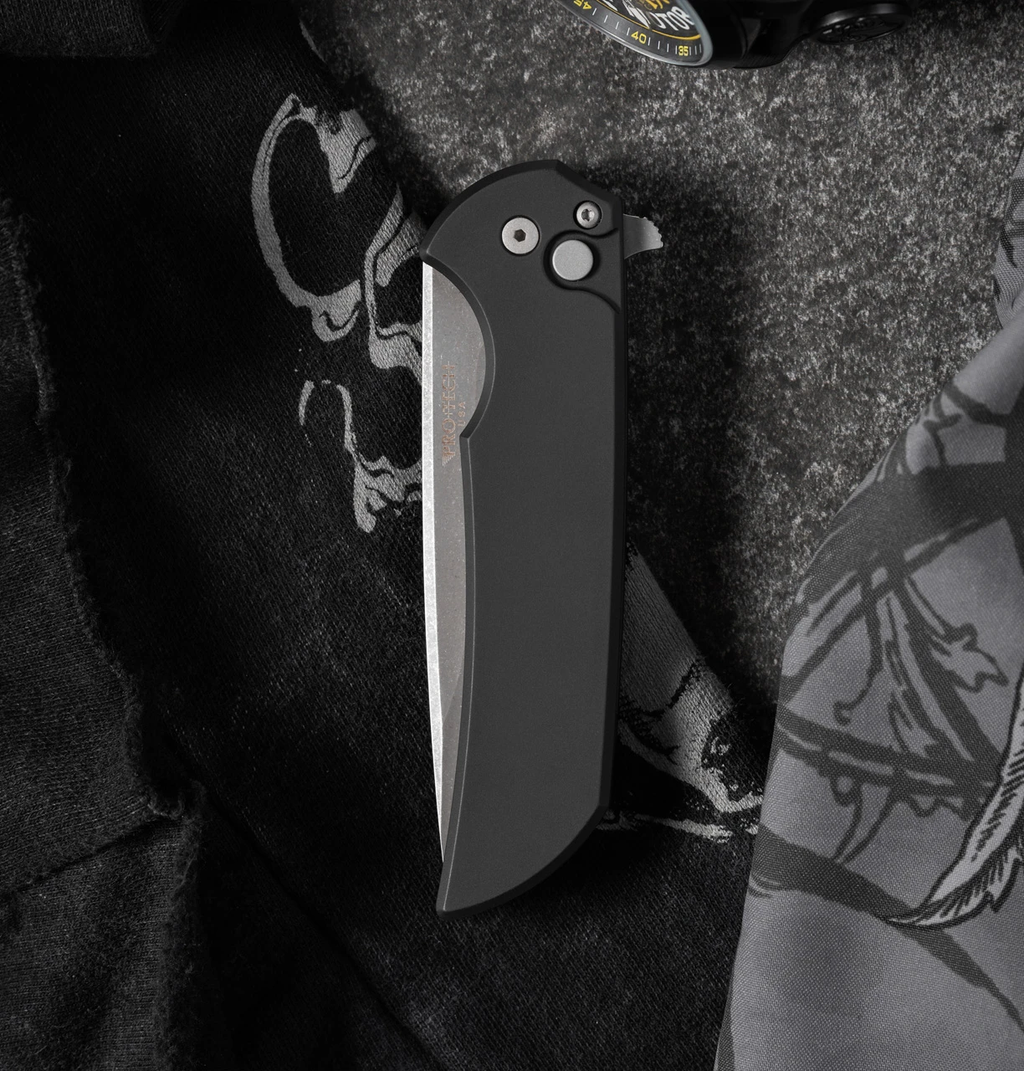 Pro-Tech Mordax Button Lock Flipper Knife Black Aluminum (3.5" Acid Wash 20CV)